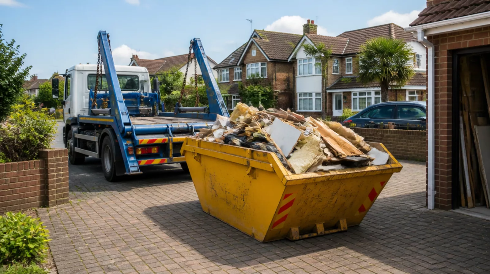 A full skip being collected from a driveway in Hampton