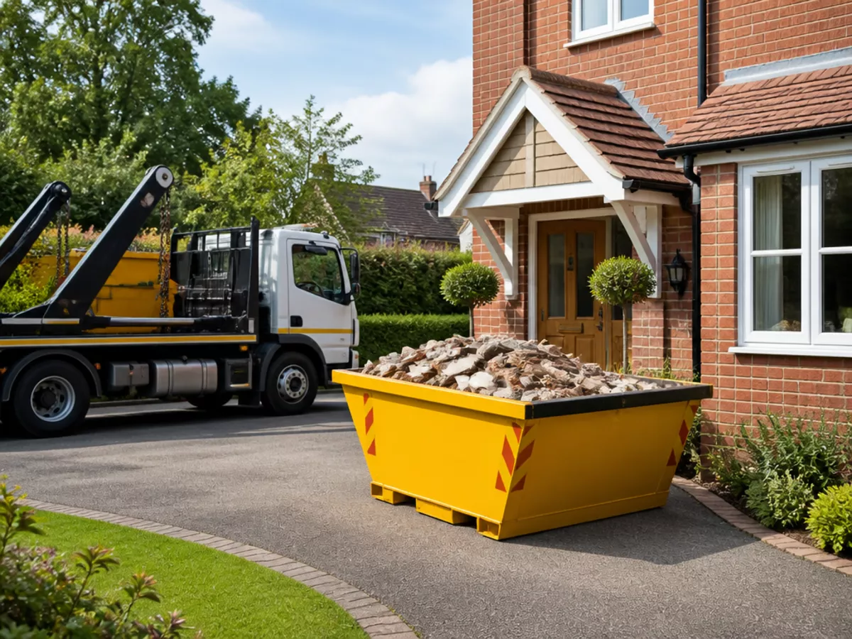 A skip being collected by a High Court Skip Hire truck
