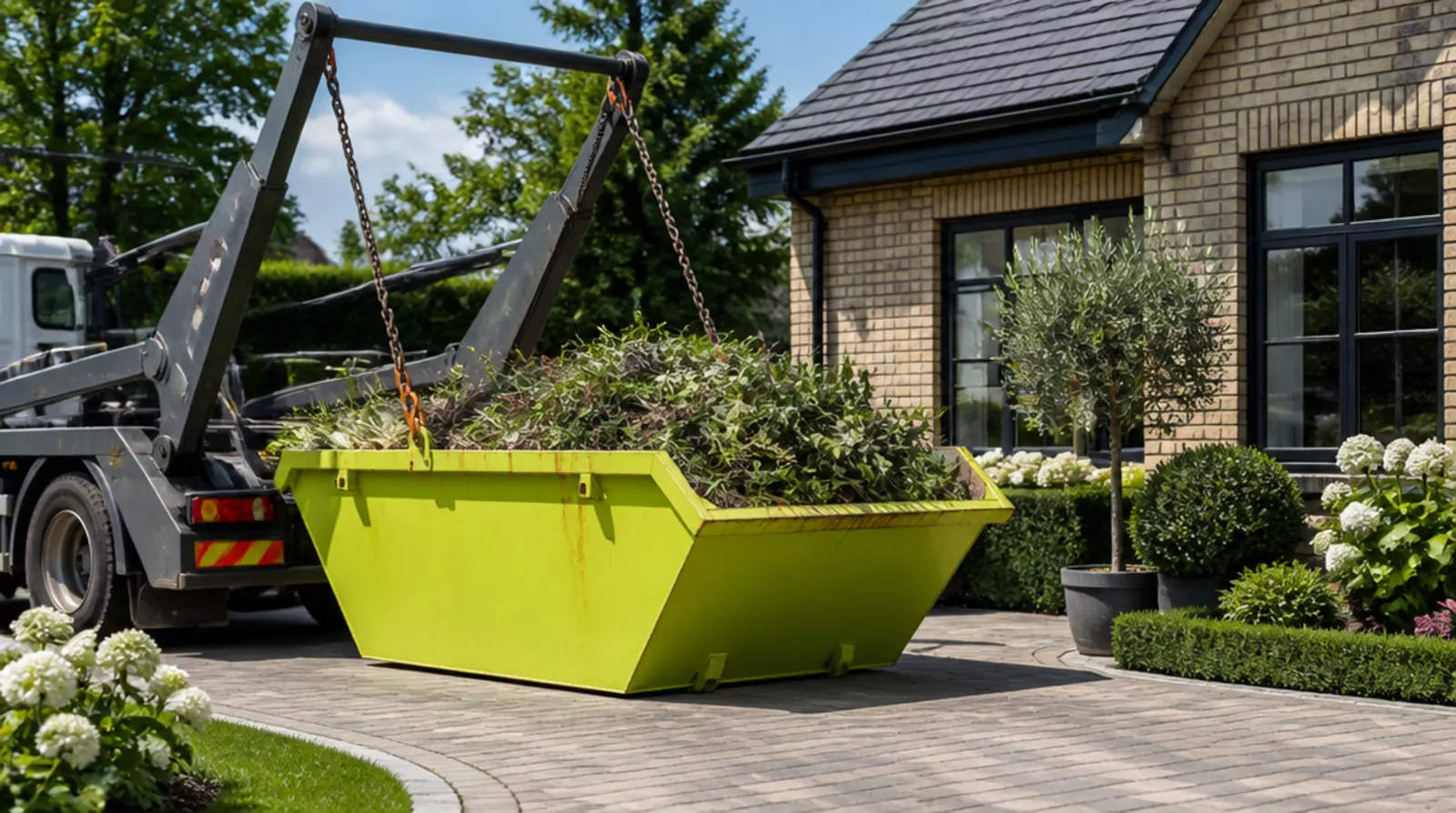 A skip being delivered to a driveway in Sawtry