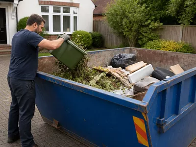Customer filling a skip with household waste