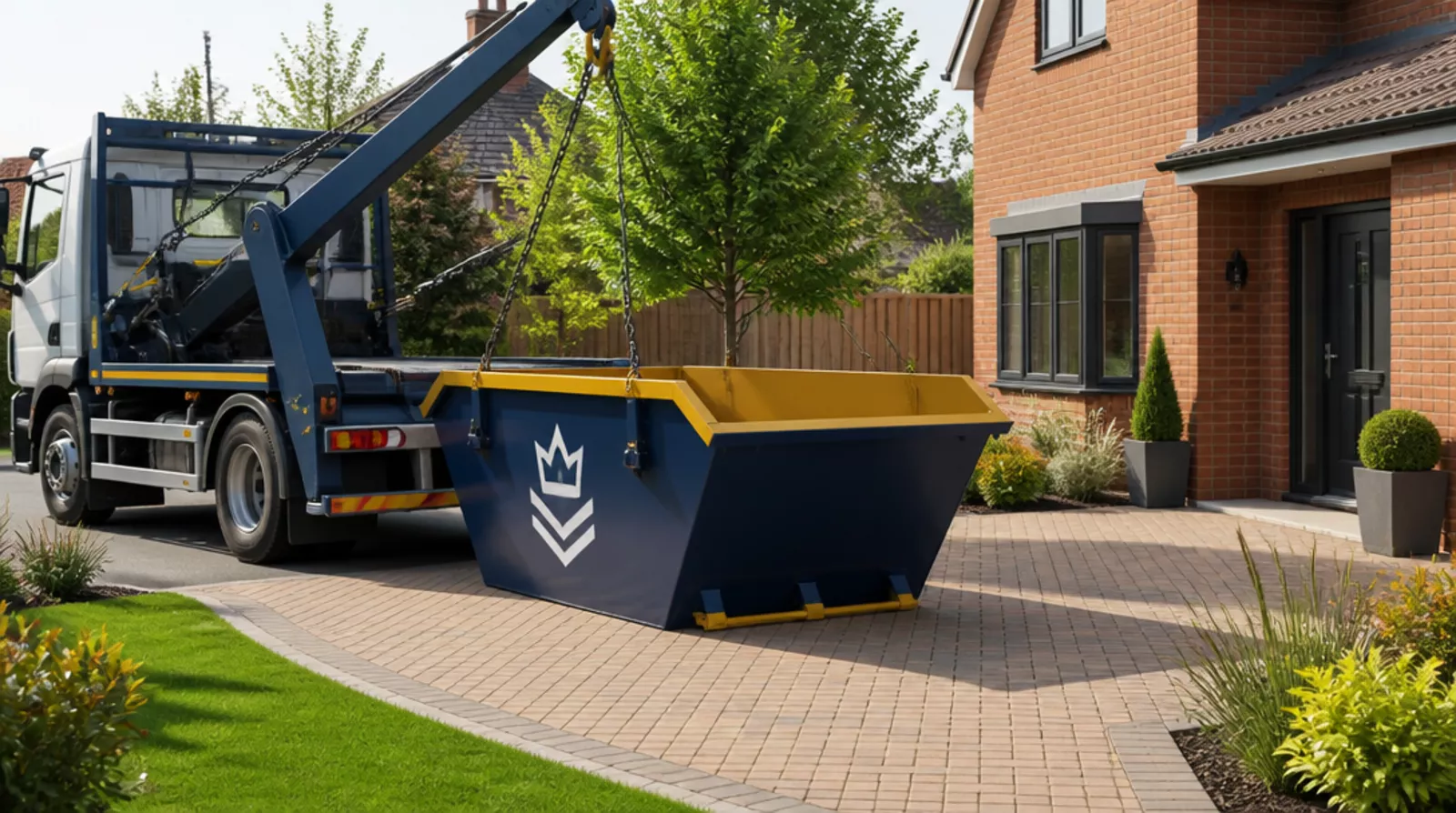 A mini skip being delivered to a driveway in Stilton