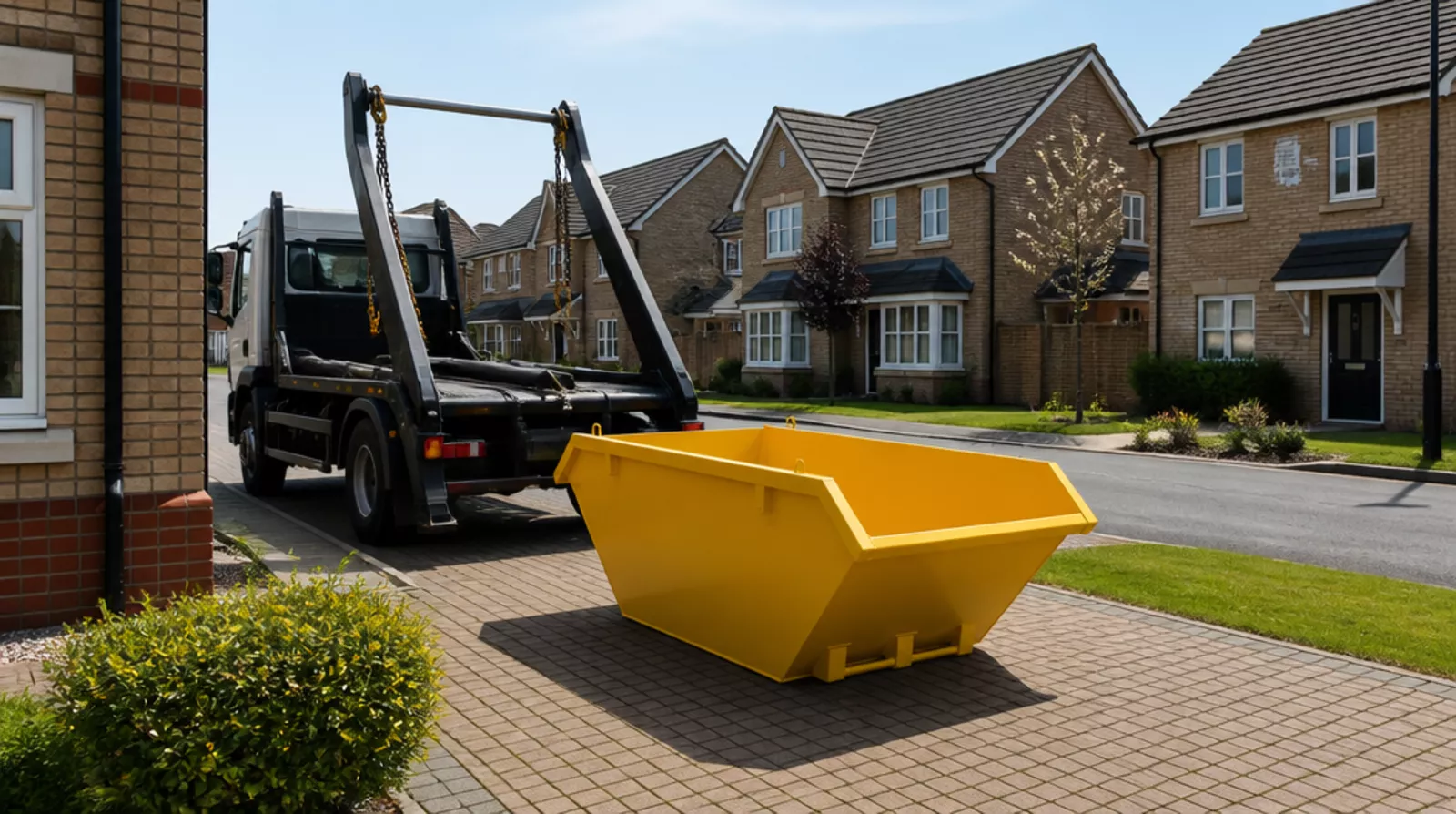 Mini skip being delivered to a driveway in Whittlesey