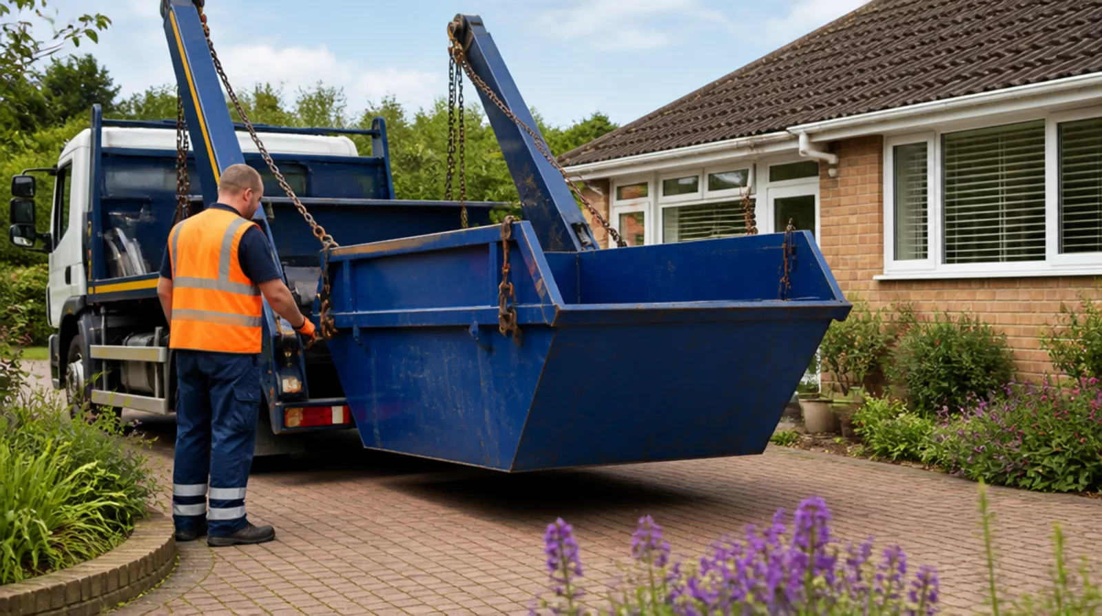 Mini skip being delivered to a driveway in Yaxley